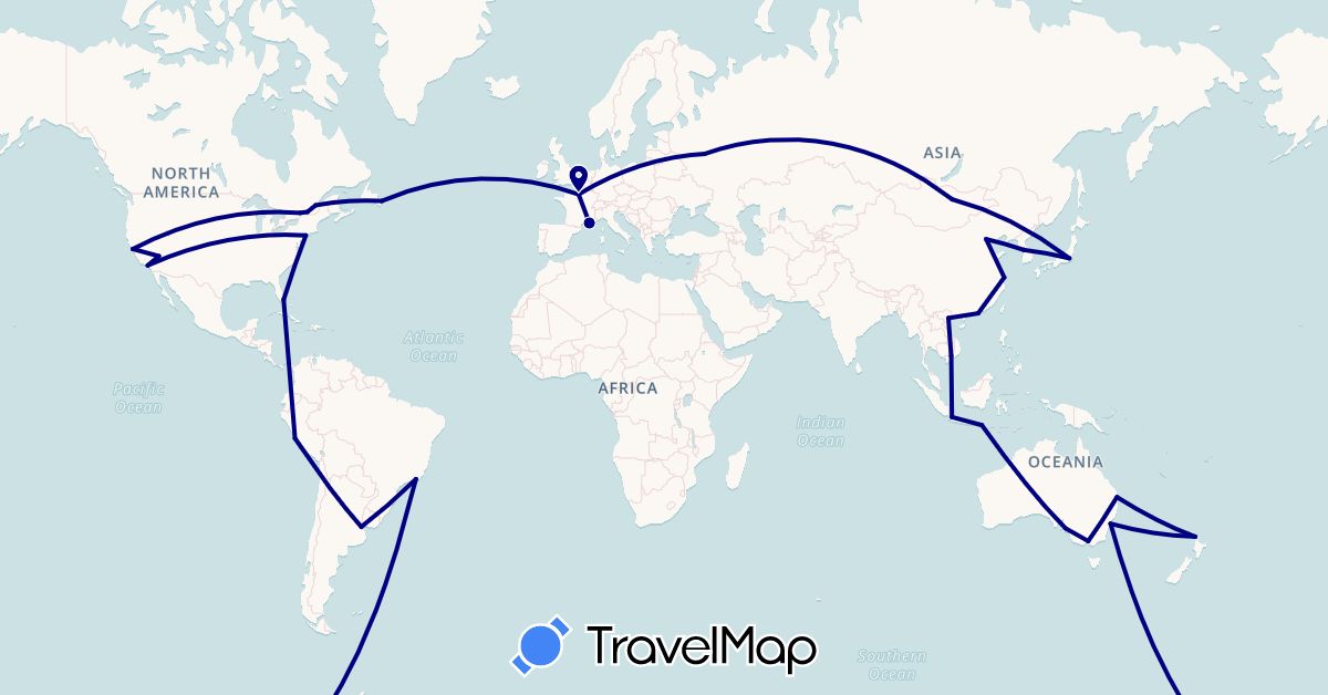 TravelMap itinerary: driving in Argentina, Australia, Brazil, Canada, China, France, Hong Kong, Indonesia, Japan, South Korea, Mongolia, New Zealand, Peru, Russia, United States, Vietnam (Asia, Europe, North America, Oceania, South America)